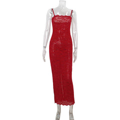French High Grade Red Lace Tube Tops Strap Dress Slim Fit Sheath Dress