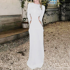 Long Sleeve Round Neck Maxi Dress Cutout Slim Fit Dress