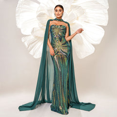 Long Sleeve round Neck Long Sequined Cocktail Cape Fishtail Evening Dress Bridesmaid Dress