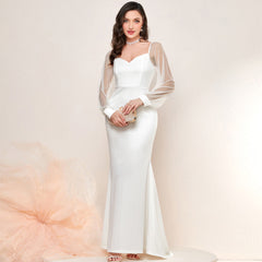 French Elegant Mesh Stitching Sleeves Fishtail Dress Gift