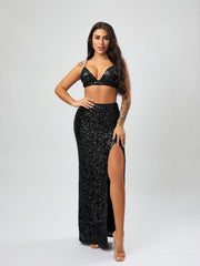 Sequined Maxi Dress High Grade With Chest Pad High Slit Dress