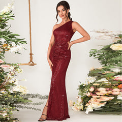 Middle East High Grade Sequin One Shoulder Slit Party Evening Dress Long Mop Dress