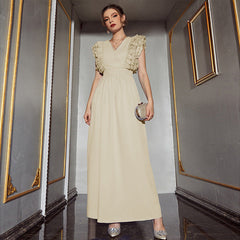 Solid Color V neck Sleeveless High Waist Dress