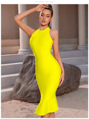 Backless Sleeveless Ruffled Flared Bandage One Piece Dress Socialite Birthday Party Yellow Dress
