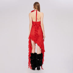 Multi Color Net Yarn Floral Ribbon Halter Ethnic Red Dress