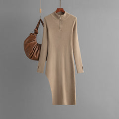 Zipper Knitted Half High Collar Long Sleeves Bottoming Hip Solid Color Dress