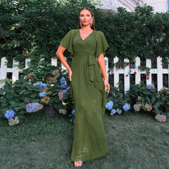 Elegant V Neck Short Sleeve Waist Controlled Beach Vacation Long Bohemian Large Swing