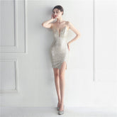 Vestido corto ajustado con tirantes finos, estilo dama de honor, para celebraciones, con diseño de coche