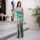 Diagonal Collar off the Shoulder Dress Solid Color Waist Tight Elegant Graceful Dress High Slit Maxi Dress