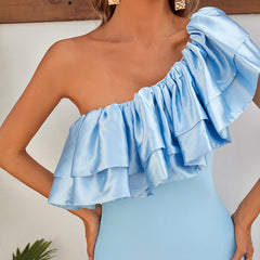 Fall French Dress Hepburn Oblique Shoulder Ruffles Evening Party Elegant Party Evening Dress