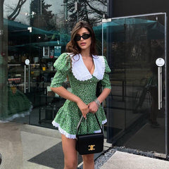 Peter Pan Collar Short Sleeve Floral Dress GracefulTight Waist Petti dress