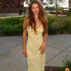 Low Cut Vacation Retro Printed Slim Strap Dress