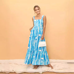 Sweet Striped Printed off Neck Lace up Dress