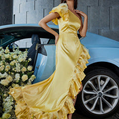 One Shoulder Ruffled Maxi Dress Cocktail Party Evening Dress