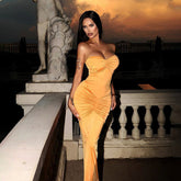 Tight Tube Top Backless Pleated Solid Color Dress Evening Dress