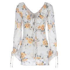 V neck Printed Lace up Long Sleeve Dress