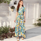 Printed V neck Short Sleeve Belt Maxi Dress Long Sweet Dress