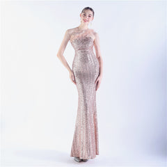Ostrich Hair Beaded Magic Color Sequin Dinner Exhibition High End Evening Dress