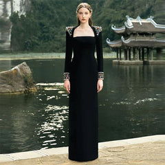 Elegant Heavy Industry Gem Diamond Long Sleeve Maxi Dress Formal Dress