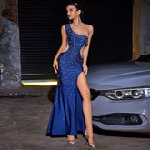 One Shoulder Elegant Rhinestone Split Party Nightclub Evening Dress