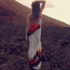 Printed See through Strap Dress off Neck Waist Maxi Dress