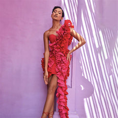 One Shoulder Sleeveless Pleated Lace Bandage Dress Ladies Party Dress