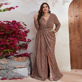 plus Size Dress Sequined Long Sleeve Prom Party Dress High Slit Fall/ Fishtail Dress