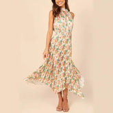 Printing Folding Solid Color Sleeveless Halter V neck Asymmetric Dress