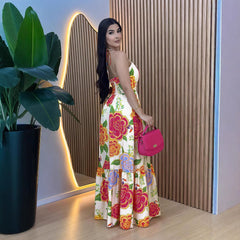 Halter Lace up Backless Dress French Printed Slim Fit Dress