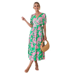 Vintage Court Printed V neck Floral Dress for