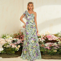 Printed Sleeveless Fitted Waist Backless One Shoulder Dress