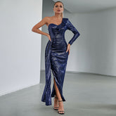 Popular One Shoulder Hollow Out Cutout Dress Waist Trimming Tassel Sequin Dress Party Evening Dress