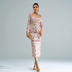 High End Long Sleeve Square Collar Mid Length to Long Sequined Cocktail Evening Dress Bridesmaid Dress