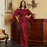 Plus Size Long Sleeve off Shoulder Long Cocktail Sequined Bridesmaid Dress Evening