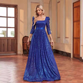 Vestido de noche azul con lentejuelas y mangas largas, elegante y adelgazante, para cóctel o dama de honor.