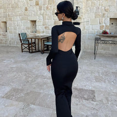 High Collar Long Sleeve Backless Slim Fit Maxi Dress Print Dress