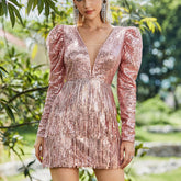 V-neck Sequ Low Cut Puff Sleeve Waist Slimming Tassel Dress Swing Hip Dress Socialite Dress