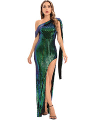 Backless One Shoulder Ribbon Sequ Dress Dress Evening Dress