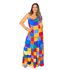 Maxi Dress Suspender Plaid Colored Mosaic Straight Dress