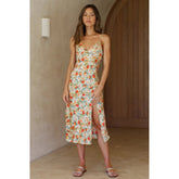 Small Floral Print Vestidos Slit Hemline at Hem Mid-Length Strap Estampado Floral Dress