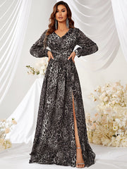 Leopard Print Dress Chic Leopard Print V Neck Slit Long Sleeve Chiffon Dress