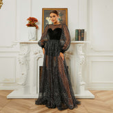 Long Sleeved round Neck Cocktail Sequin Gauze Large Swing Evening Dress Bridesmaid