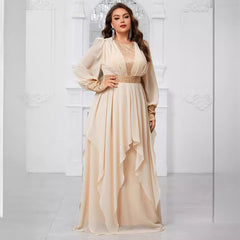 Plus Size Chiffon Stitching Sequined Lantern Sleeve Irregular Asymmetric Ruffles Elegant Party Dress