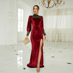 Long Sleeved Long Velvet Round Neck Annual Meeting Split Evening Dress Bridesmaid Dress