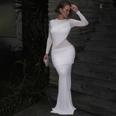 Fall Long Sleeve round Neck See through Solid Color Slim Hip Maxi Dress