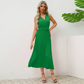 Slim V Neck Pleated Belt Dress Formal Dress