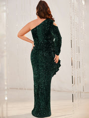 Plus Size One Shoulder Long Sleeve V neck Maxi Sequin Dress Fishtail Dress