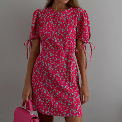 Floral Round Neck Short Sleeves Lace Up Slimming Dress