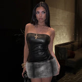 Collarless Leather Tube Top Plush Stitching Hip Short Dress