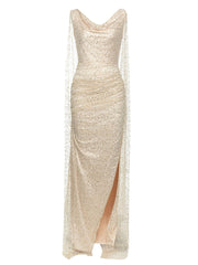 Simple V Neck Sequined Yarn Side Slit Dress